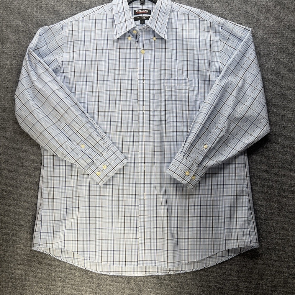 Kirkland Signature XL Non Iron Dress Shirt Blue Plaid Traditional Fit 17 32/33